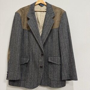 Pendleton Gray Herringbone Wool Blazer with Brown Suede Yoke